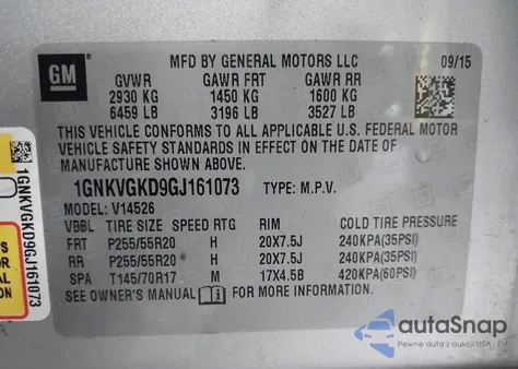 2016 Chevrolet Traverse 1Lt from USA, damaged, VIN 1GNKVGKD9GJ161073